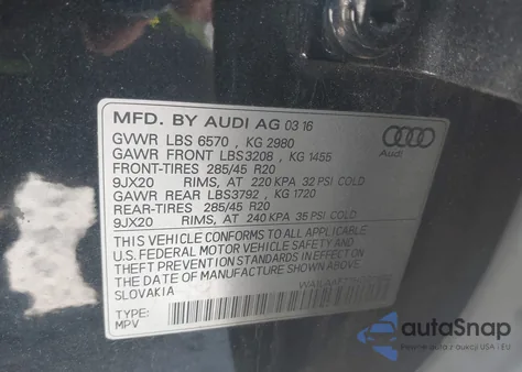2017 Audi Q7 3.0T Premium from USA, damaged, VIN WA1LAAF77HD011922